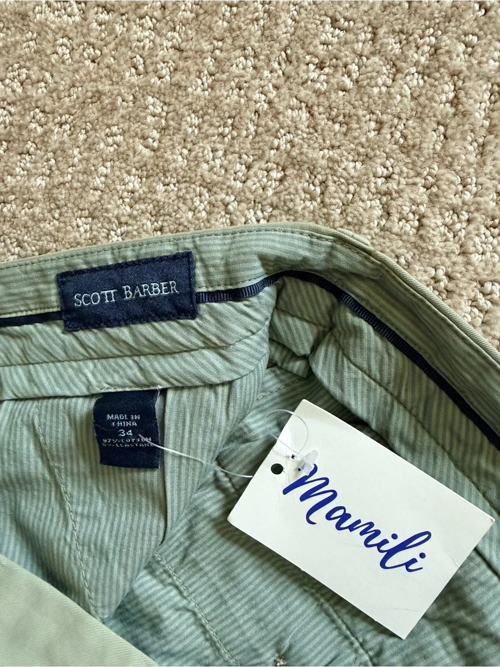 NWT Scott Barber Men’s Stretch Chino Shorts – Size 34 – Sage Green